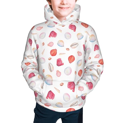 Red coral and scallop seashell Kid Hoodies Boys Sweatshirts Girls Pullover with Pocket3