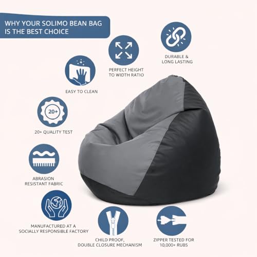 Image of Amazon Brand - Solimo Faux Leather 5XL Bean Bag Cover Without Beans, Classic Bean Bags Cover with Handle & Zipper, Bean Bag Cover for Living Room & Bedroom, 6 Months Warranty (Black & Grey)