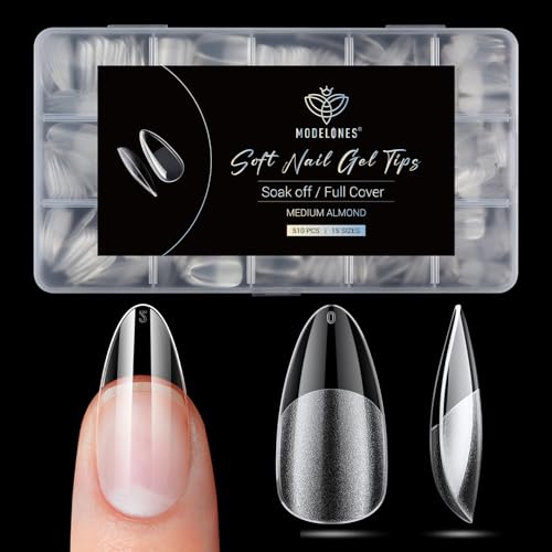 Image of Modelones Pointed Almond Fake Nail Tips - 510Pcs Medium Gel Tips Pre-shaped Half Matte Full Cover Clear Acrylic Gel Kit False Press on Nails for Extension DIY Salon 15Sizes