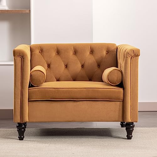 Ttgieet Mid Century Modern Sofa Chair, Velvet Accent Chairs For Living Room, Upholstered Tufted Armchair With Wooden Legs& Bolster Pillows, Comfy Reading Chair For Bedroom Home Office（Ginger） #TOP3