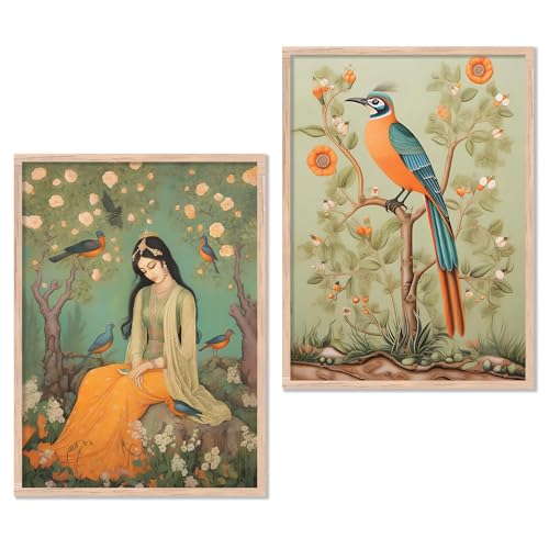 Image of kotart Traditional Indian Wall Art Painting Set of 2 | Woman with Birds & Nature Theme | MDF Wooden Framed Wall Decor for Living Room, Bedroom & Home (Art 10, 14x20 Inch)