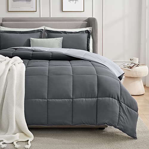 Homelike Moment Lightweight Comforter Set California King Reversible All Season Down Alternative Bed Comforter Set Summer Blanket 3 Piece - With 2 Pillow Shams Cal King Size Dark Gray/Light Grey #TOP6