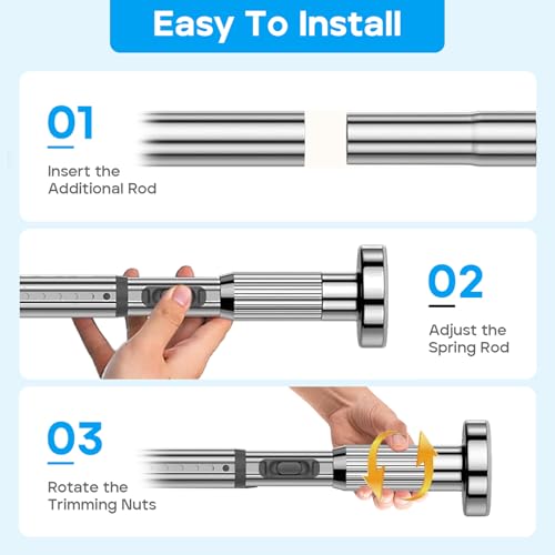 Image of Tension Curtain Rod Silver Shower Rod 40-185IN Long Curtain Rods No Drilling Adjustable Tension Rods of Shower or Bathroom Outdoor Window Patio Diameter 1.26In