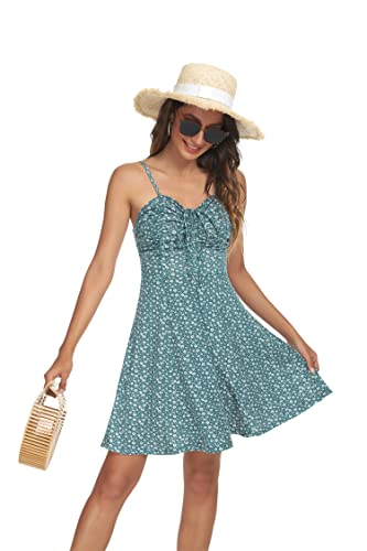 Image of Missufe Spaghetti Strap Floral Mini Dress Women's Casual Ruched Front Drawstring Swing Sundress