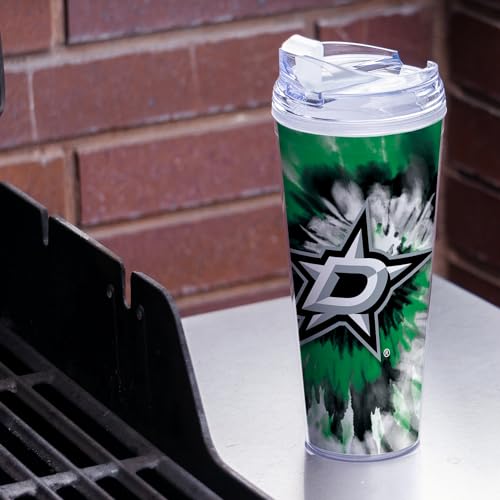 Image of Rico Industries NHL Hockey Team Color Tie Dye 24oz Metallic Acrylic Tumbler with Hinged Lid, Officially Licensed Double Wall Tumbler with Straw