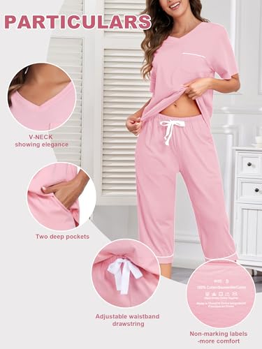 Image of EA'S SECRET 100% Cotton Women's Pajama Set V Neck Top and Capri Pants Sleepwear Sets Loungewear with Pockets