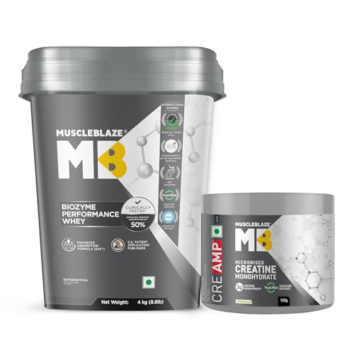 Image of MuscleBlaze Biozyme Performance Whey Protein Powder, Chocolate Hazelnut (4kg / 8.8lbs) & Micronised Creatine Monohydrate CreAMP Powder, Unflavoured (32 Servings, 100g)| Pack of 2