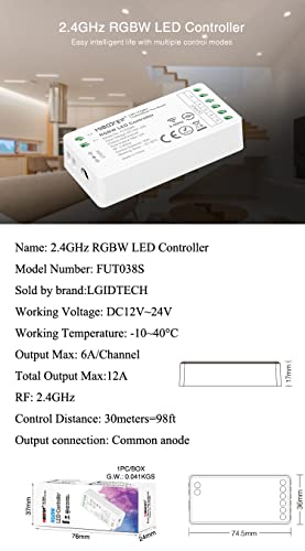 LGIDTECH FUT038S Miboxer RGBW LED Strip Light Controller DC 12V~24V Max Output 12A,Support Old and New Dynamic Mode,Smartphone APP Control via WL-Box1 Gateway(Excluded) - Image 2