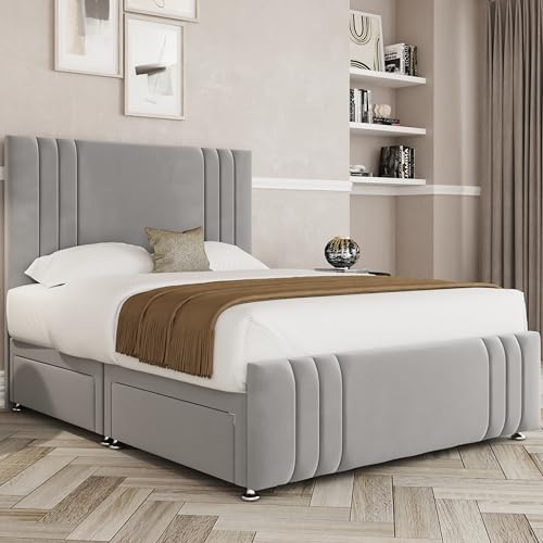 THE BED VILLAGE YORKSHIRE Ripon with Footboard King (5ft) Divan Bed with Mattress Headboard & 0 Drawers | Silver Grey Plush Fabric | Premium British Timber | Sustainable Handcrafted Design