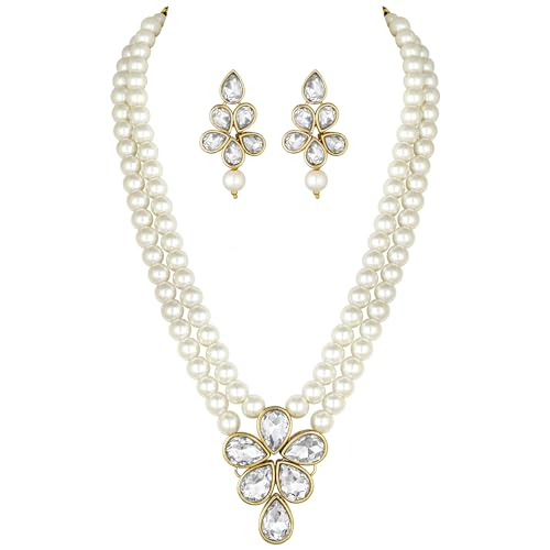 Image of Peora Crystal Faux Pearl Kundan Necklace & Jewellery Set Gift for Women