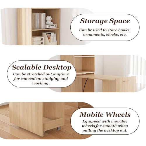Image of Natural Foldable Office Desk, Fold Out Convertible Hidden Murphy Computer Desk with Storage Shelves, Multi-Function Folding Writing Table for for Small Spaces, Home Office