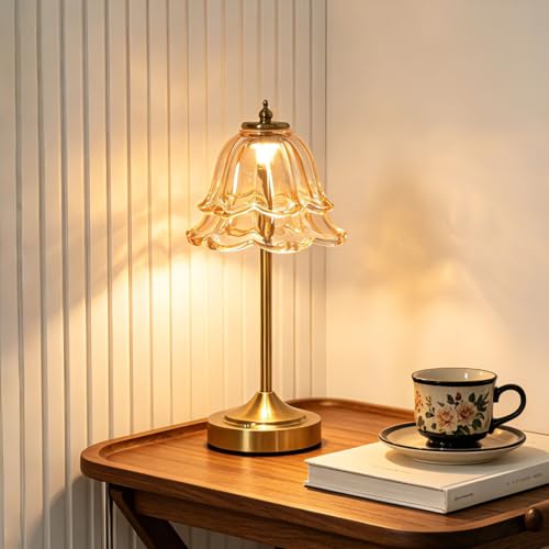 Image of NYRWANA Cordless Rechargeable Glass Table Lamp with 2000mAh Battery, USB-C Charging, Stepless Dimming, 3 Colour Touch Control, Lamp for Bedroom, Living Room, Home Decor (Metal)