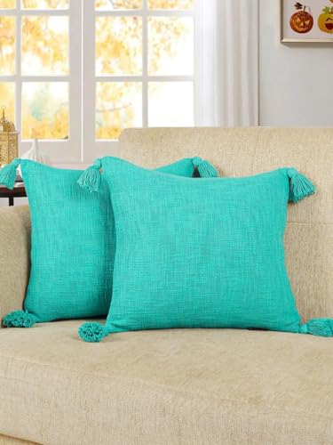 Image of HOMADORN Luxury Cotton Handmade Decorative Boho Throw Pillow Covers with Tassels for Sofa Couch Living Room Indoor Outdoor Chair Car Farmhouse (16X16 INCHES (Square), Turquoise (Pack of 2))