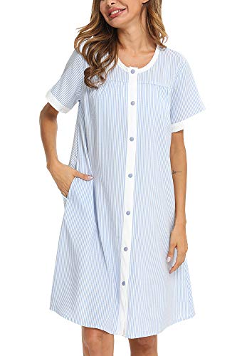 YOZLY House Dress Womens Short Sleeve Housecoat Duster Robe Button Down Nightgown(Light Blue, M)