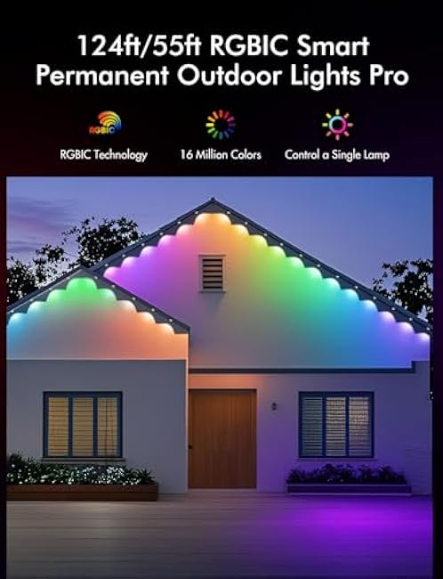 Permanent Outdoor Lights, Smart RGBIC Outdoor Lights with Multi Scene Modes, 124ft with 72 LED Lights, IP67 Waterproof, Alexa/Google Compatible, All-Weather Defense & 10-Second Quick Installation
