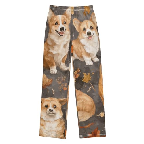 Corgi Dog Autumn Maple Boys Long Pants Soft Trousers Elastic Waist Kids Lounge Bottoms with Pockets S-XL