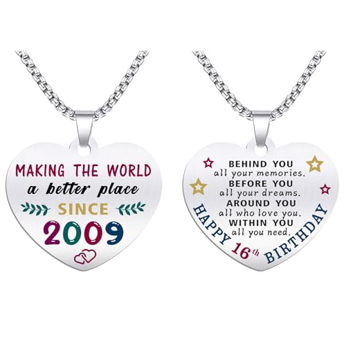 16th Birthday Gifts for Girls - Born In 2009 Birthday Gifts - Engraved Stainless Steel Heart Pendant Necklace - 16 Year Old Girls Birthday Gift