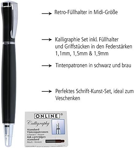 Online Calligraphy-Set Tango  fountain pen with black metal design  pens in 3 different line widths 1,1-mm, 1,5-mm, 1,9-mm  incl. calligraphy ink cartridges  gift set with case Black