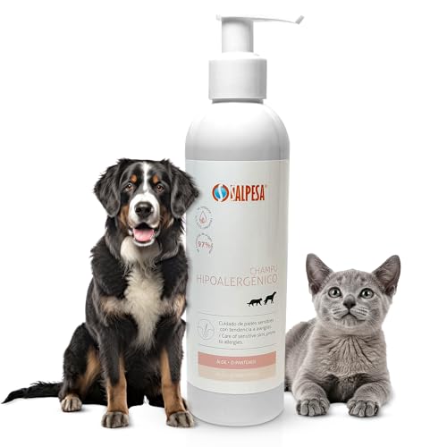 Aldivet Champú Hipoalergénico Perros y Gatos - Pieles Sensibles con Tendencia a Alergias - Alivia y Protege - Ideal para Cachorros - Libre de Parabenos y Colorantes - Aloe Vera y D-Pantenol - 250ML