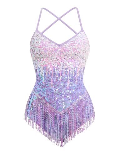 ODASDO Sparkly Sequin Fringe Romper for Women V-neck Sequins Tassel Bodysuit Strappy Back Jazz Latin Pole Dance Leotard Music Festival Concert Rave Outfits Party Acrobat Costume Purple S
