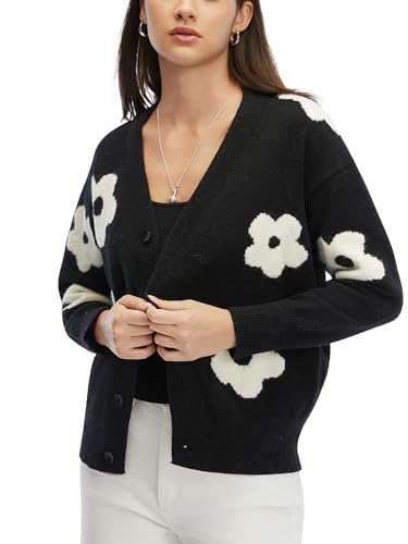 V Neck Cardigans for Women Trendy Button Down Knitted Floral Womens Cardigan Sweaters Loose Fall Winter Outfit Black