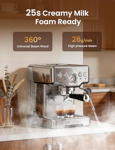 Image of Neretva Espresso Machine, 15 Bar Espresso Coffee Machine with Visible Pressure Guage Professional Espresso Maker with Milk Frother & Stainless Steel for Home Barista Latte and Cappuccino Maker-Silver