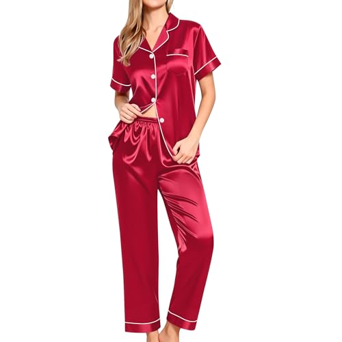 Image of SWOMOG Women Satin Pajamas Set Short Sleeve Top & Pants Sleepwear Silky Button Down Nightwear 2pcs Loungewear Pjs Set