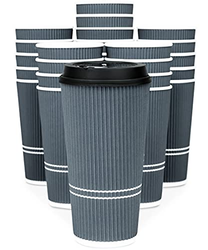 Glowcoast To Go Coffee Cups With Lids - 22 oz Disposable Coffee Cup With Lid. Large Togo Travel Paper Ripple Hot Cups Insulated For Hot Cold Beverage Drinks No Sleeves Needed (50 Dusk Grey)