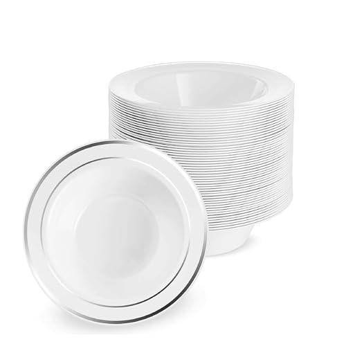 MATANA 50 Weiße Plastikschalen mit Silbernem Rand, Suppenteller,...