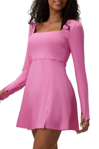 Square Neck Long Sleeves Tennis Dress One Piece Exercise Dress with Built-in Bra3