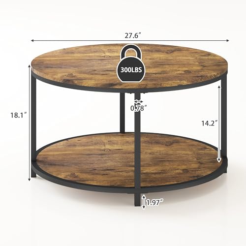 Image of NSdirect Round Coffee Table, 27.6 inch Small Coffee Table for Living Room,2-Tier Rustic Wood Desktop with Storage Shelf Modern Design Home Furniture(Brown)