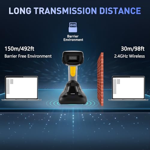 Image of 2D Barcode Scanner Wireless, QR Code Scanner Handheld Bar Code Scanners with Base 2 in 1 USB Wired Connection & 2.4G Wireless 1D&2D&PDF417 Data Matrix Automatic Barcode Reader