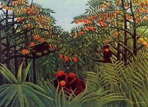 Peinture à l'huile de style Henri Rousseau toile Apes in The Orange Grove