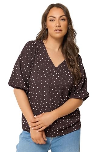 Image of Yours Curve Brown Polka Dot Puff Sleeve Top - Women's - Plus Size Curve