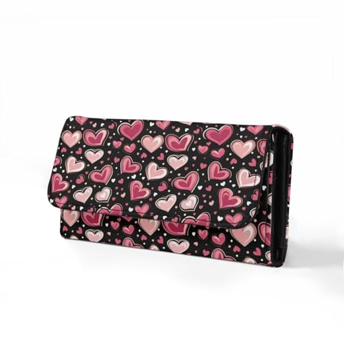 Image of AFPANQZ Love Heart Print Women's PU Leather Three Fold Wallet, Long Trifold Clutch Purse, Credit Card Money Organizer with ID Window