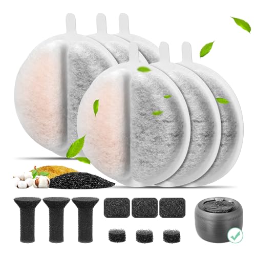 Katzenbrunnen Filter, 6er Pack Ersatzfilter für 2,5L Trinkbrunnen Aktivkohle und Ionenaustauschharz für die Wasserfiltration, Ersatz-Schaumstoff-/Schwammfilter für 84 FL oz/2.5L Katzenbrunnen