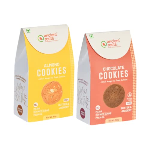 Ancient Roots India Combo of Almond Cookies & Chocolate Cookies - 150g of Each (Pack 2) | Biscuits | For Healthy Snacks/Breakfast | Best Paired with Tea & Coffee | No Maida | No Sugar | No Palm Oil |100% Butter & Jaggery Cookies | Healthy Breakfast Cookies | Gluten Free | Vacuum Pack