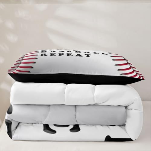 Image of Feelyou Baseball Comforter Set Twin Size Ball Pattern Bedding Set for Kids Boys Girls Eat Sleep Sports Theme Duvet Quilt Bedroom Decor Microfiber 2 Pcs with 1 Pillow Case