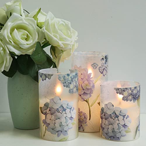 Image of Eldnacele Hydrangea Glass Flameless Candles with Remote and Timer, Realistic 3D Wick Flickering Real Wax LED Window Candle Battery Operated Dinner Wedding Spring Decorations(3 x 4,5,6 Inch)