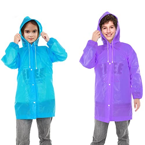 Lusofie 2Pcs Rain Ponchos for Kids， Kids Thicker Reusable Raincoat Rain Poncho Jacket for Boys and Girls