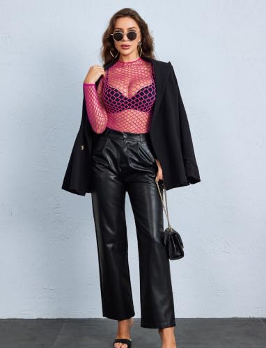 Image of Avidlove Women's Sexy Fishnet Mesh Long Sleeve Tops Mock Neck Sheer Lace See-Through Blouse Bodycon Clubwear Party Tops