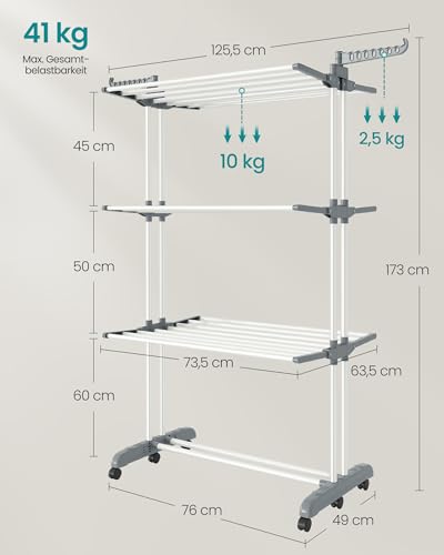 SONGMICS Wäscheständer, Standtrockner 4 Ebenen, Flügelwäscheständer, klappbare Flügel, mit Rollen, 63,5 x 125,5 x 173 cm, groß, einfacher Aufbau, wolkenweiß-Taubengrau LLR703WZ02