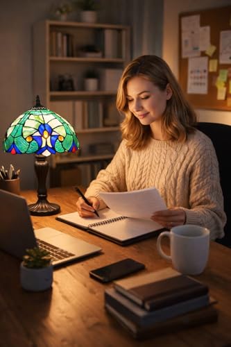 Image of Stained Glass Table Lamp, Multicolor Glass Shade, Bronze Base (Design - 15) Free Bulb- 3 Color Options- Warm White, Cool White and Natural