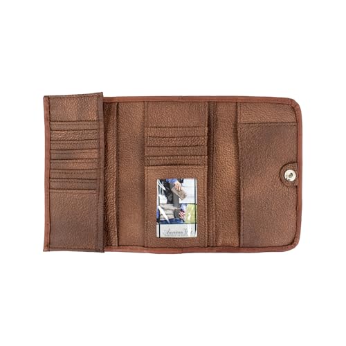 Image of American West Hand Tooled Handcrafted 100% Genuine Leather Tri-Fold Wallet for Women Credit Card Slots Cash Pocket and Clear ID Holder Western (Medium Brown)