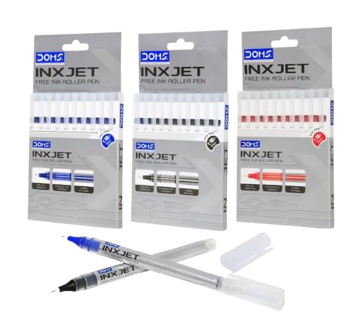 Image of Doms Inxjet Roller Pen-Blue Ink-Pack of 10| 0.5mm Needle Tip, Precision Ink Regulator, Visible Level| Comfortable Grip For Long & Smooth Writing| Sterdy Pocket Clip