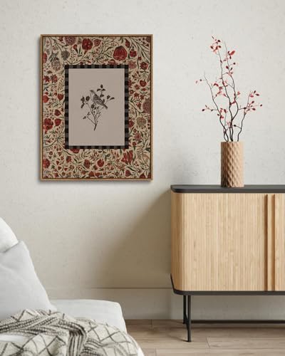 Image of KISSFOX Vintage Framed Wall Art Decor Rustic Flowers Birds Pictures Wall Decor Botanical Floral Canvas Art Prints Red Natural Farmhouse Paintings Artwork For Bedroom Kitchen Living Room