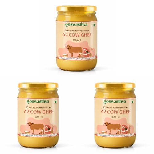 Image of Goswasthya A2 Cow Ghee 1L | Traditionally Bilona-Churned, Danedar Ghee | Aromatic| NABL Lab Tested (70+ tests), Cruelty-Free | Grass-Fed | Glass Jar (Pack of 3)