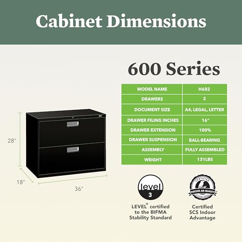 Image of HON 2 Drawer Lateral File Cabinet with Lock, Metal Filing Cabinets for Offices, Hanging Files, and Under Desk, 18 inch Deep, Black