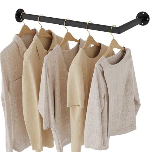Yawinhe Industrierohr Kleiderstangen für die Wand, Garderobenstange L-Form, Abnehmbare Kleiderständer, Industrial Design mit 90 Grad Rechter Winkel, für Schlafzimmer, Schwarz, 1-Pack, SYJ002B-1