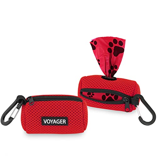 Image of Best Pet Supplies Dog Poop Bag Holder Leash Attachment with Reusable Dispenser for Travel, Walking, Park, and Outdoor Use, Durable with Clip-On - Red, Pack of 2, Mesh Dispenser w /30 Bags
